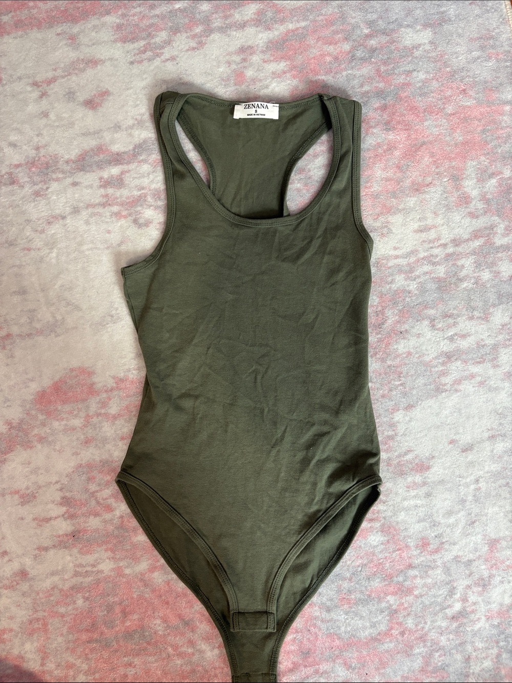 Zenana Olive Green Racerback Bodysuit